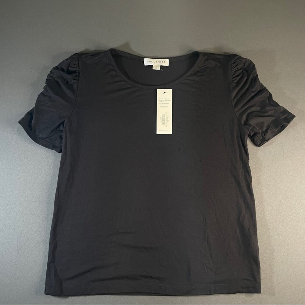 Amour Vert Sue Top Black Short Ruched Sleeve XS NWT